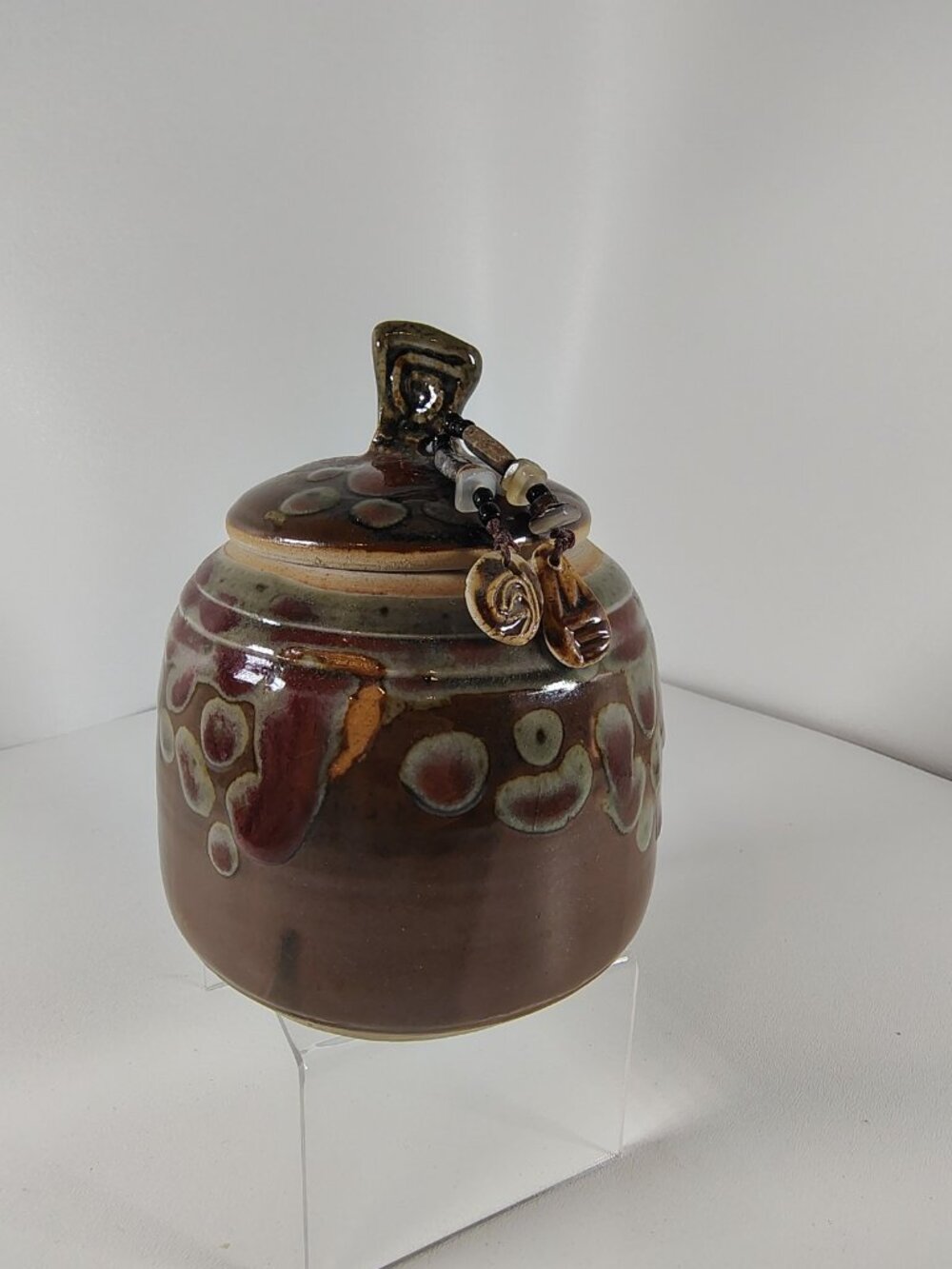 Memory Pot & Lid Studio Art Pottery Stoneware Signed 6" h x 4" d beads Red